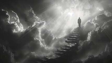 Man Ascending Stairway in Clouds