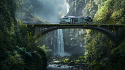 Futuristic bus crosses a bridge amidst verdant cliffs and a majestic waterfall landscape