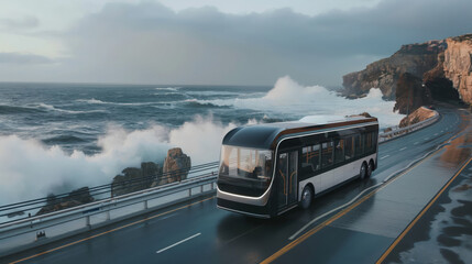 Autonomous electric bus travels along a scenic coastal highway against dramatic stormy waves