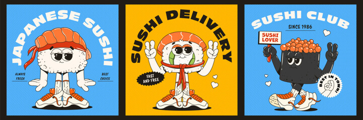 Posters with cool sushi and roll characters. Trendy retro groovy style. Sushi deliver. Bar, restaurant mascots.