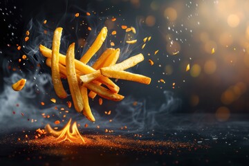 French fries with spices in the air. Cinema effect. Isolated on black background