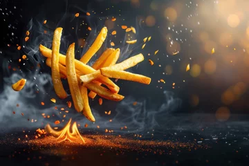 Foto op Plexiglas French fries with spices in the air. Cinema effect. Isolated on black background © Daniil