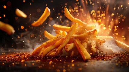 French fries with spices in the air. Cinema effect. Isolated on black background - obrazy, fototapety, plakaty