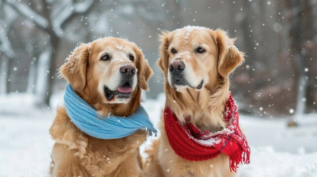 Golden retriever dogs wearing scarf sitting on winter snow park. AI generated image