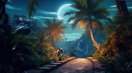 Fototapeta na wymiar Fantasy tiger walking in jungles with palm trees on fabulous magical night sky background with crescent moon, shining stars and clouds