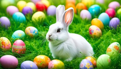 Easter bunny and colorful eggs on green grass, spring nature background. AI generated