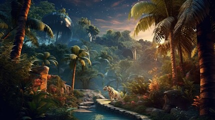 Fantasy tiger walking in jungles with palm trees on fabulous magical night sky background with crescent moon, shining stars and clouds - obrazy, fototapety, plakaty