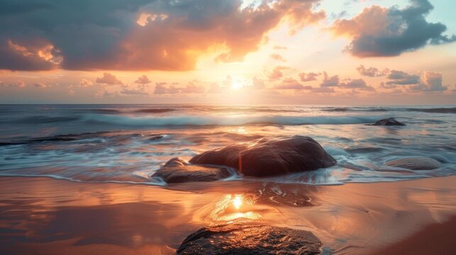 Beautiful sunset view at tropical beach with rocks on the seashore. AI generated image