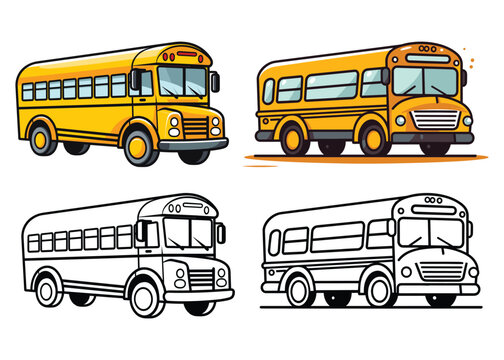 School buses isolated illustration and coloring page