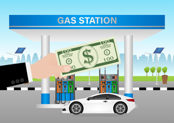 Hand Making Payment by Cash Money at Gas Station. Refueling Car Concept. Vector Illustration.  