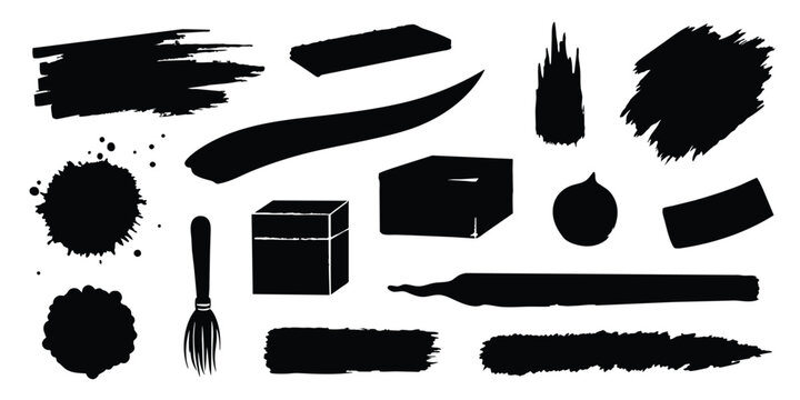 Black set paint, ink brush, brush strokes, brushes, lines, frames, box, grungy. Grungy brushes collection. Brush stroke paint boxes on white background