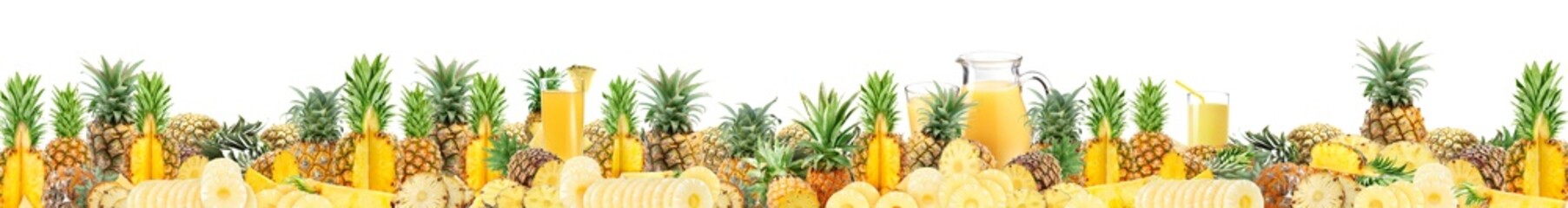 Pineapples whole and half on a white background