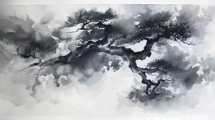 Foto op Canvas Black ink wash painting of a landscape with Japanese oriental style. © KHF