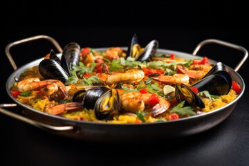 Delicious paella on a metal tray against a white marble background