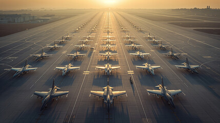 An expansive military airfield viewed from above, rows of sleek fighter planes aligned neatly on the tarmac, ready for immediate takeoff. - obrazy, fototapety, plakaty