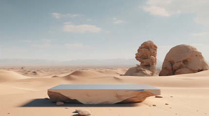 A stone podium for the product against the backdrop of the desert from the movie Dune