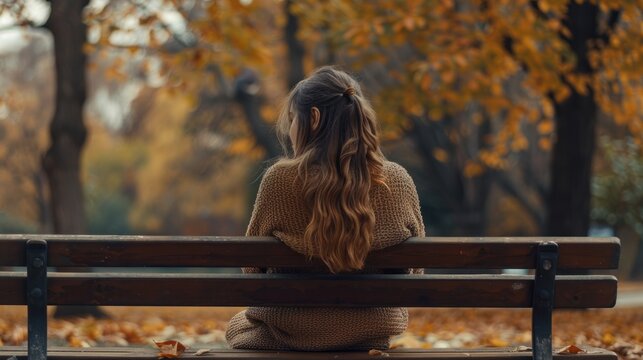 Rear view of a woman sitting alone in the park in autumn season. Generated AI image
