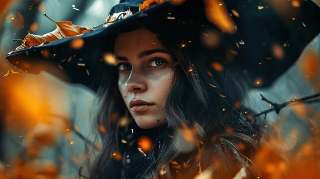 A young witch with long hair and a pointed hat looks into the distance. She has orange eyes and seems to have magic emanating from her. Halloween holiday.