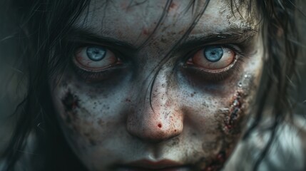 Close-up of a zombie girl with blood and dirt on her eyes and cheeks. - obrazy, fototapety, plakaty