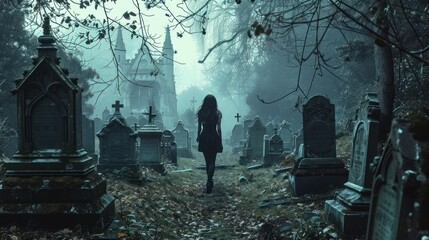 A woman in a black dress stands in a foggy cemetery with many graves and old tombs. - obrazy, fototapety, plakaty