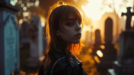 An emo girl with bangs stands in front of a cemetery at sunset.