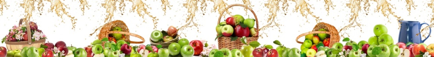 Apples red and green with basket on white background
