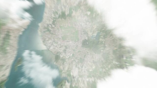 Earth zoom in from space to Seberang Jaya, Malaysia. Followed by zoom out through clouds and atmosphere into space. Satellite view. Travel intro. Images from NASA