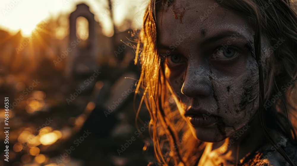 Wall mural a woman with zombie makeup stands in a cemetery against the backdrop of the setting sun.