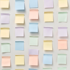 post it notes in different pastel colours on wall in perfect lines