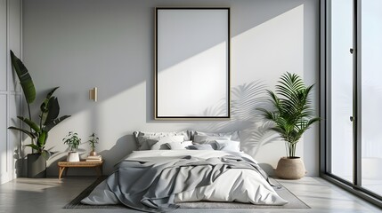 Poster frame mockup in bright bedroom interior background with rattan wooden furniture, 3d render, 3d render of a minimalistic classic style bedroom, decorative wooden wall, parquet,Ai Generated 