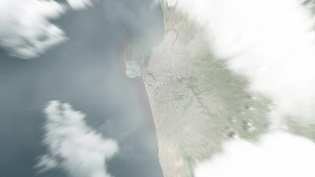 Earth zoom in from space to Colombo, Sri Lanka. Followed by zoom out through clouds and atmosphere into space. Satellite view. Travel intro. Images from NASA