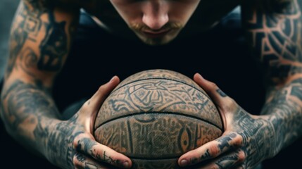 From above crop anonymous basketball player with tattoos holding ball while standing