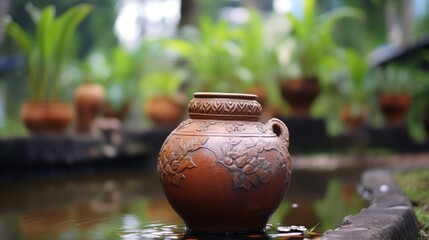 traditional clay pot or vase or vas or also called kendi as water fountain on a pond.