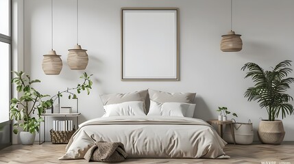 Fototapeta na wymiar Poster frame mockup in bright bedroom interior background with rattan wooden furniture, 3d render, 3d render of a minimalistic classic style bedroom, decorative wooden wall, parquet,Ai Generated 