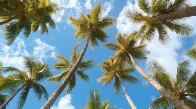 Fruitful coconut trees seen from below against the background of the sky, AI generated