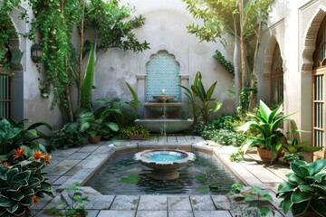 A fountain graces the courtyard, surrounded by lush greenery and plant life, enhancing the building facade with a touch of nature