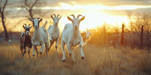 A group of goats in species-appropriate grazing in the backlight of a summer evening - obrazy, fototapety, plakaty