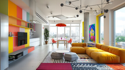 Modern apartment design in bright cheerful colors in style naivety and infantilism. Creative home interior concept. - obrazy, fototapety, plakaty