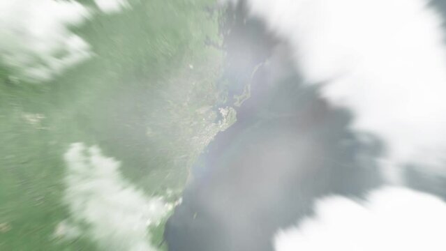 Earth zoom in from space to Madang, Papua New Guinea. Followed by zoom out through clouds and atmosphere into space. Satellite view. Travel intro. Images from NASA