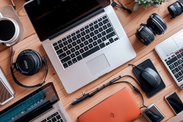 A wooden table showcasing a variety of laptops and other electronic devices, Various tools and communication devices used in teleworking, AI Generated
