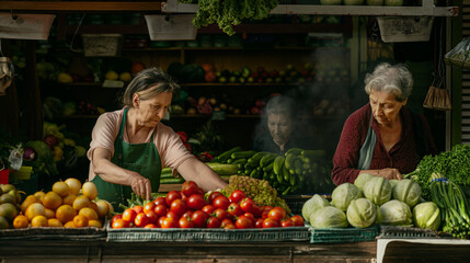 At a bustling farmers' market, a lively scene unfolds at a bustling vegetable stand, where two women work diligently side by side, one adorned in a green apron.