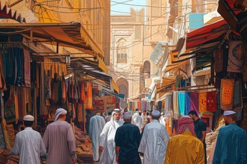 A group of men walking together down a bustling street lined with various shops and stores, Vibrant colors of a bustling Islamic Souk (marketplace), AI Generated - obrazy, fototapety, plakaty