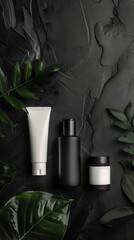 Cosmetic products in black and white packaging. In minimalist dark background and green plants. Cosmetology and skin care concept. Vertical Banner