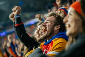 A large group of people standing together and watching a soccer game with excitement and anticipation, Vibrant and energetic rugby fans in the stand cheering for their teams, AI Generated
