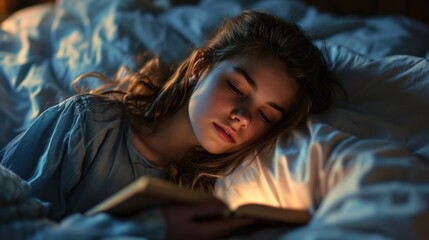A girl is lying in bed and reading a book. She has long hair and is wearing a blue shirt. The room is dimly lit and there is a small light shining on the book she is reading. - Powered by Adobe