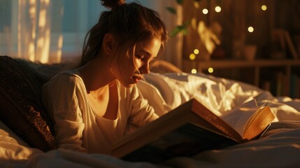 A woman reading a book in bed with a soft blanket and string lights in the background.
