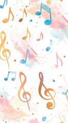 A pattern of musical notes and instruments in vibrant watercolor strokes, with a white background....