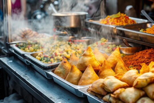 A Buffet Filled With a Variety of Delectable Food Options, Vibrant street food scene from an Indian market, with chaat and samosas, AI Generated