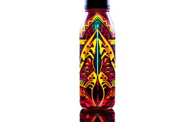 Tribal-Patterned Neon Water Bottle Isolated On Transparent Background PNG.