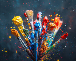 Paintbrush A burst of colorful paintbrushes with bristles splayed out, seemingly frozen in mid explosion, levitating in a dark gray void Studio lighting creates a dramatic spotlight
